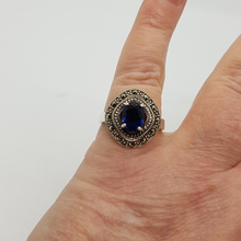 Load image into Gallery viewer, Sterling Silver blue Stone Marcasite Ring
