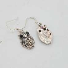 Load image into Gallery viewer, Sterling Silver Marcasite and Black Onyx Owl Earrings
