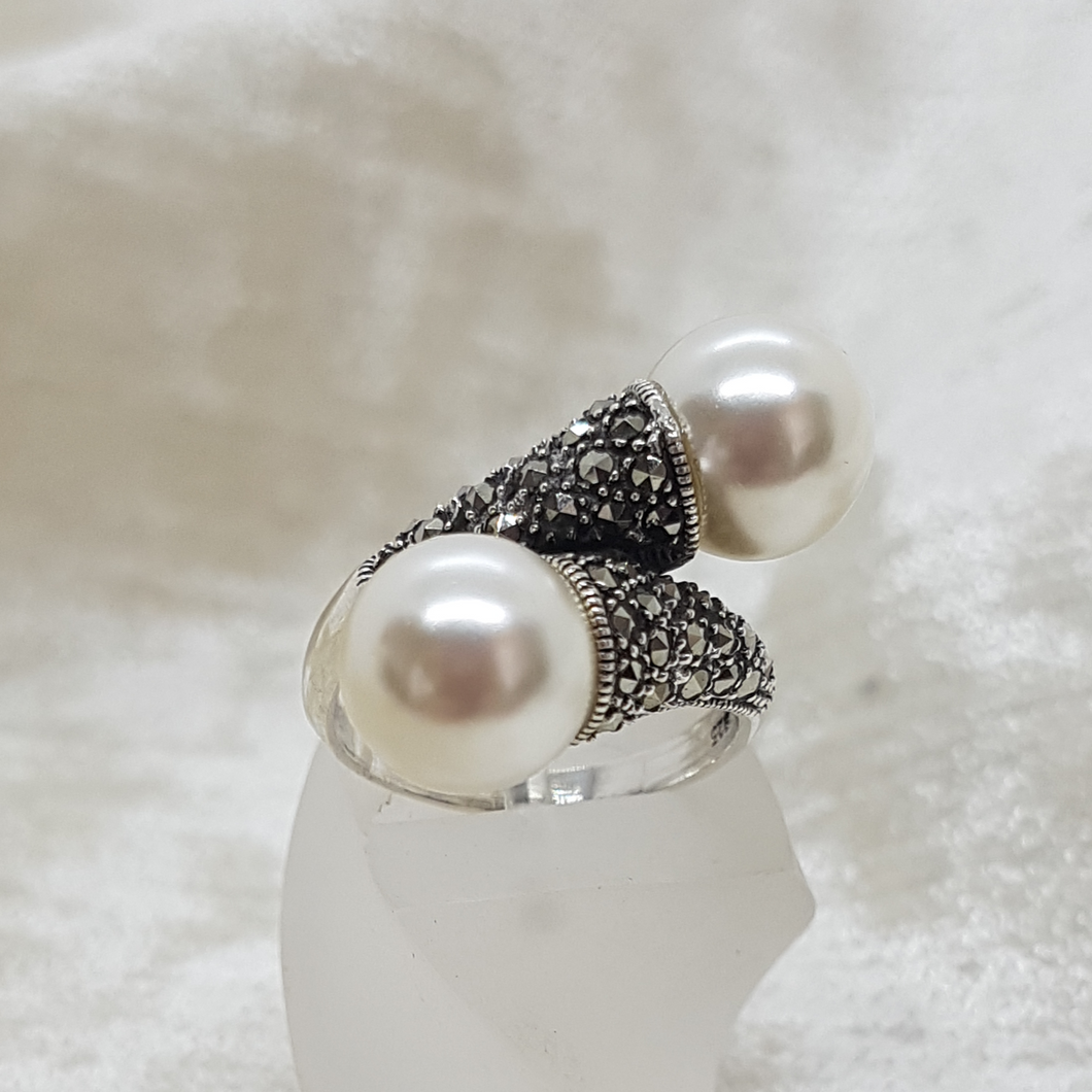 Sterling Silver Marcasite and Pearl Twist Ring