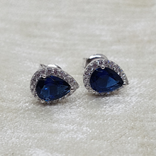 Load image into Gallery viewer, Sterling Silver Sapphire and White CZ Pear Cut Stud Earrings
