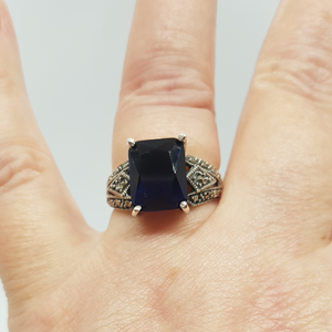 Sterling Silver Blue Stone and Marcasite Ring