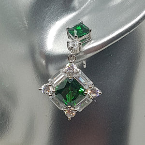 Sterling Silver Emerald and White CZ Claw and Channel Set Drop Earrings