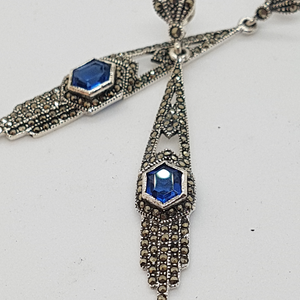 Sterling Silver Blue Stone Marcasite Art Deco Style Earrings