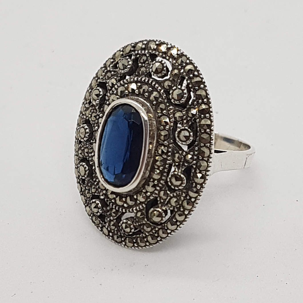 Sterling Silver Blue Stone Marcasite Ring