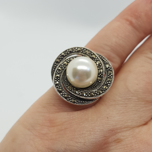 Sterling Silver Marcasite and Pearl Ring