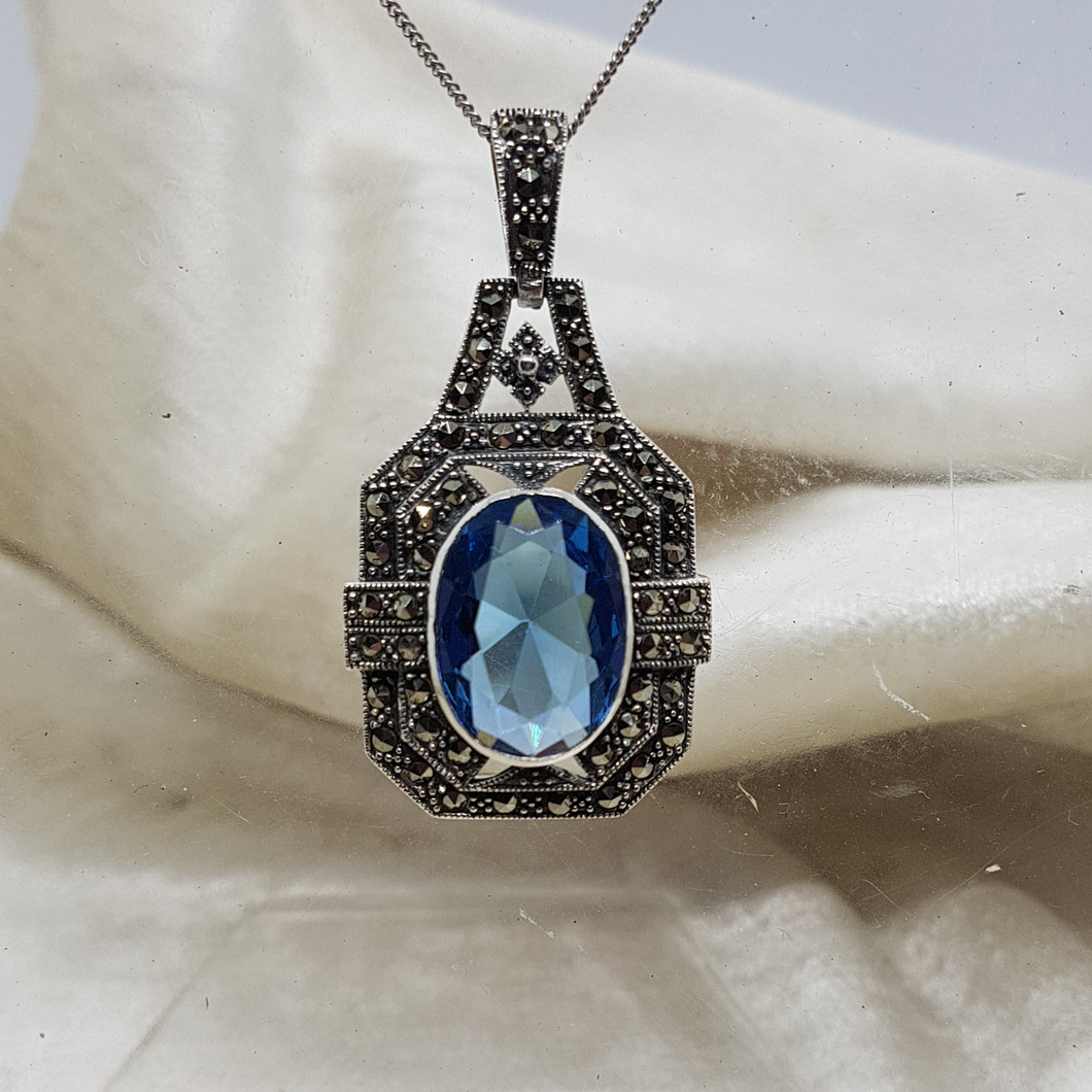 Sterling Silver Blue Stone and Marcasite Pendant