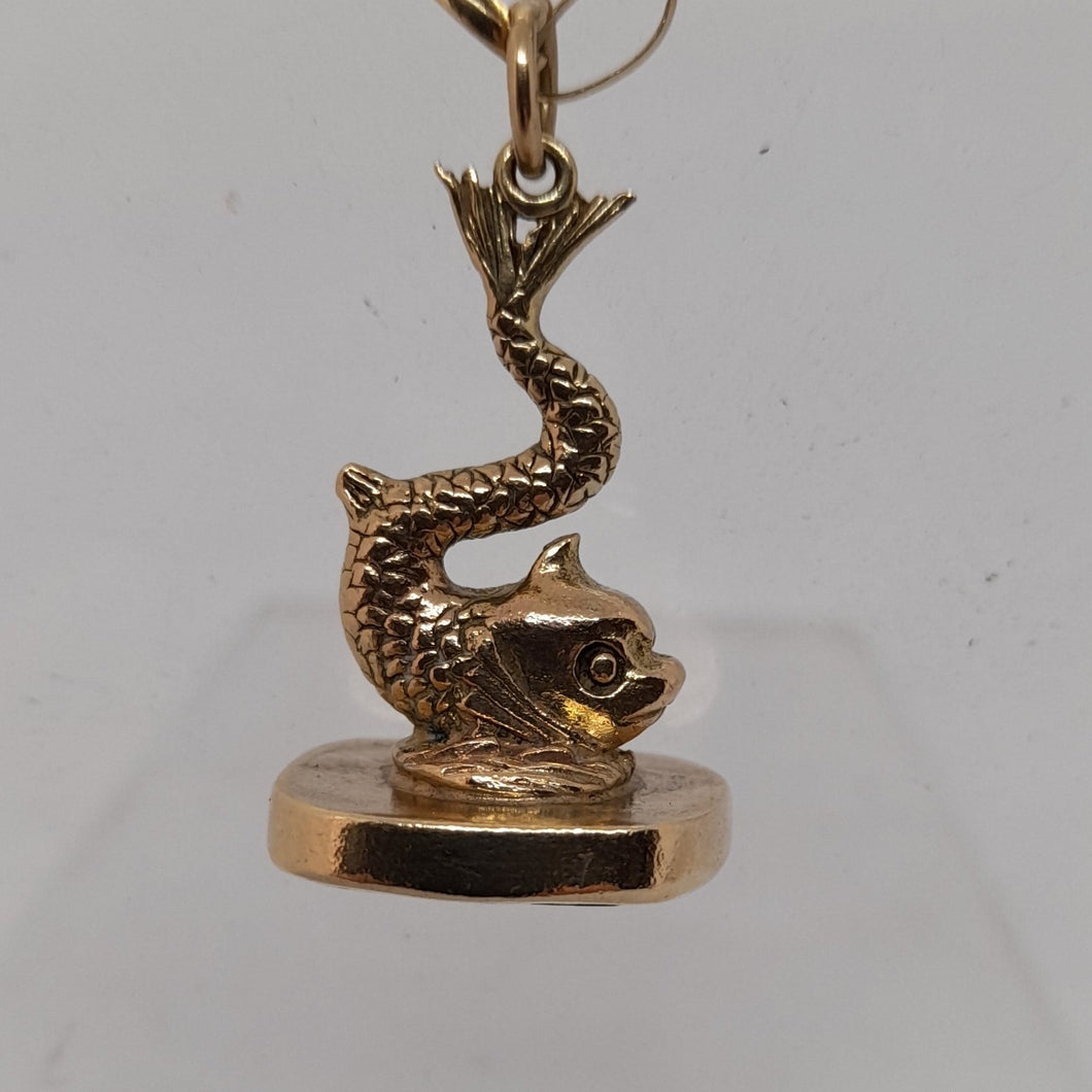 Antique 9ct Gold Fish Fob Pendant and Chain