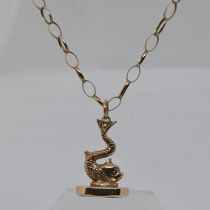 Antique 9ct Gold Fish Fob Pendant and Chain