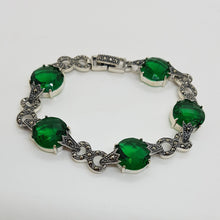 Load image into Gallery viewer, Sterling Silver Green Stone Marcasite Bracelet
