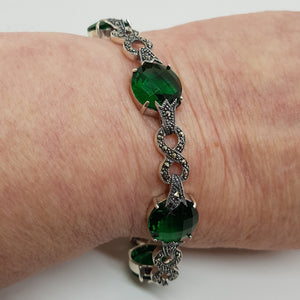 Sterling Silver Green Stone Marcasite Bracelet