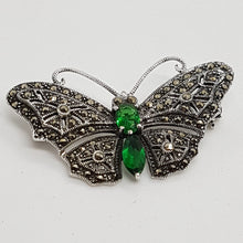 Load image into Gallery viewer, Sterling Silver Green Stone Marcasite Brooch
