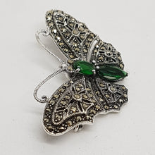Load image into Gallery viewer, Sterling Silver Green Stone Marcasite Brooch
