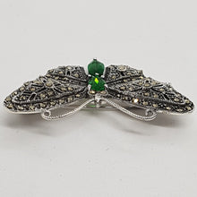Load image into Gallery viewer, Sterling Silver Green Stone Marcasite Brooch
