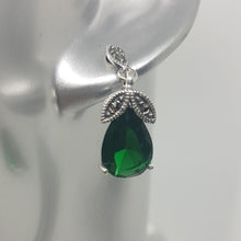 Load image into Gallery viewer, Sterling Silver Green Stone Marcasite Drop Earrings
