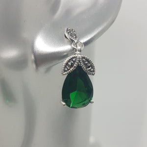 Sterling Silver Green Stone Marcasite Drop Earrings