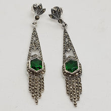 Load image into Gallery viewer, Sterling Silver Green Stone and Marcasite Art Deco Style Earrings
