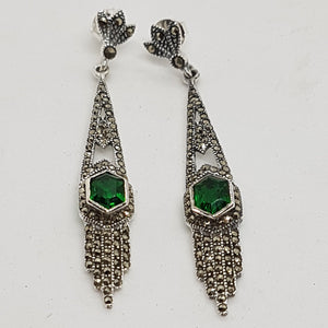 Sterling Silver Green Stone and Marcasite Art Deco Style Earrings