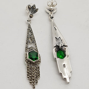 Sterling Silver Green Stone and Marcasite Art Deco Style Earrings