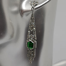 Load image into Gallery viewer, Sterling Silver Green Stone and Marcasite Art Deco Style Earrings
