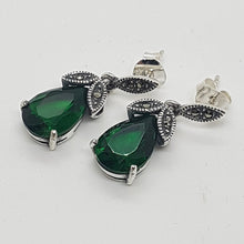 Load image into Gallery viewer, Sterling Silver Green Stone Marcasite Drop Earrings
