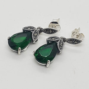 Sterling Silver Green Stone Marcasite Drop Earrings