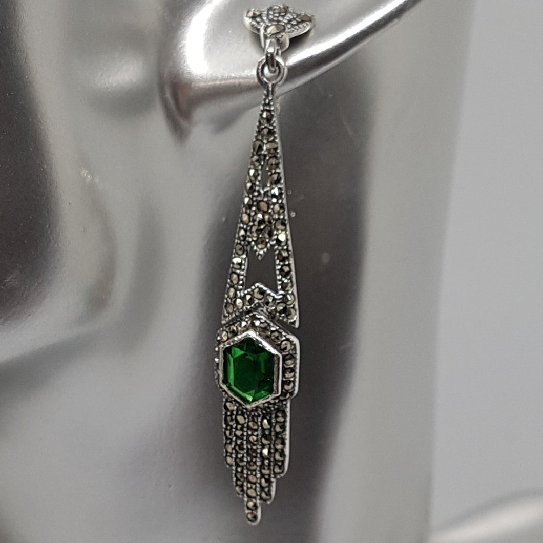 Sterling Silver Green Stone and Marcasite Art Deco Style Earrings