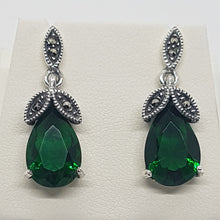 Load image into Gallery viewer, Sterling Silver Green Stone Marcasite Drop Earrings
