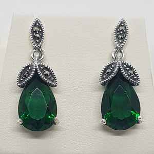 Sterling Silver Green Stone Marcasite Drop Earrings