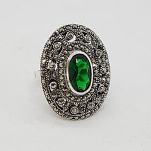 Load image into Gallery viewer, Sterling Silver Green Stone and Marcasite Dress Ring
