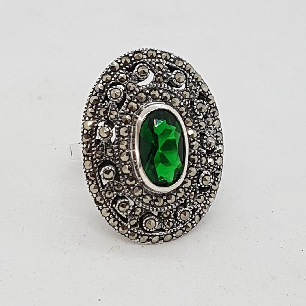 Sterling Silver Green Stone and Marcasite Dress Ring