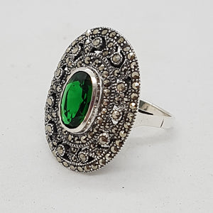 Sterling Silver Green Stone and Marcasite Dress Ring