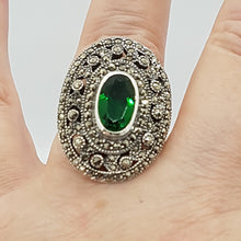 Load image into Gallery viewer, Sterling Silver Green Stone and Marcasite Dress Ring
