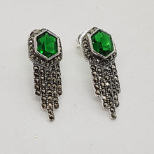 Load image into Gallery viewer, Sterling Silver Art Deco Style Green Crystal and Marcasite Earrings
