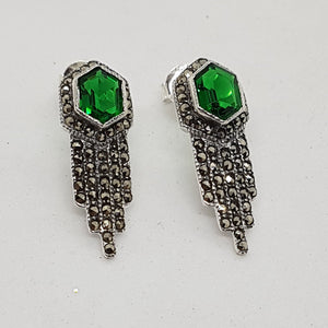 Sterling Silver Art Deco Style Green Crystal and Marcasite Earrings