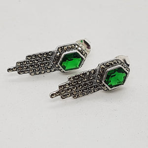 Sterling Silver Art Deco Style Green Crystal and Marcasite Earrings