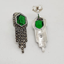 Load image into Gallery viewer, Sterling Silver Art Deco Style Green Crystal and Marcasite Earrings
