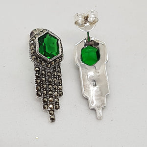 Sterling Silver Art Deco Style Green Crystal and Marcasite Earrings