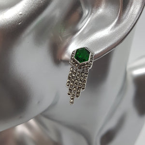 Sterling Silver Art Deco Style Green Crystal and Marcasite Earrings