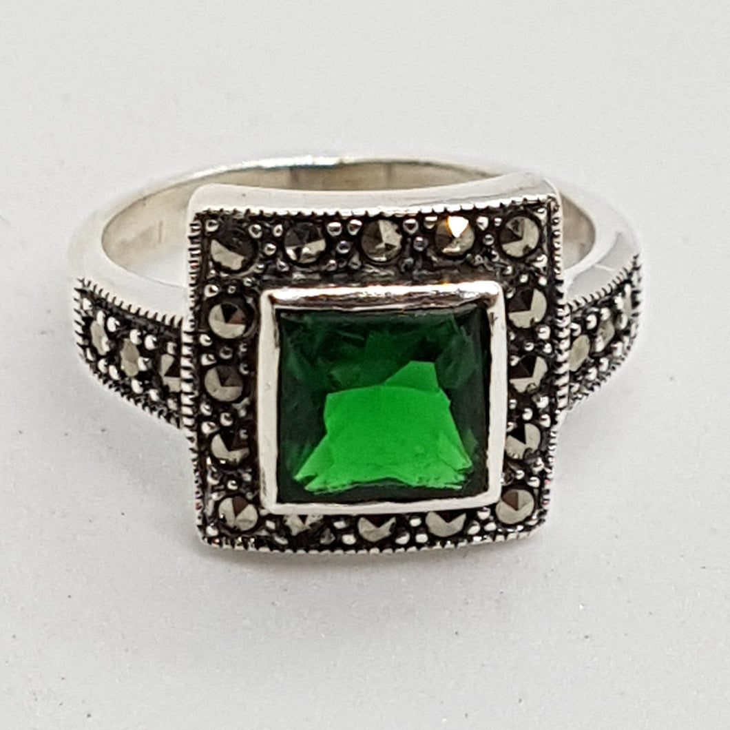 Sterling Silver Green Stone and Marcasite Ring