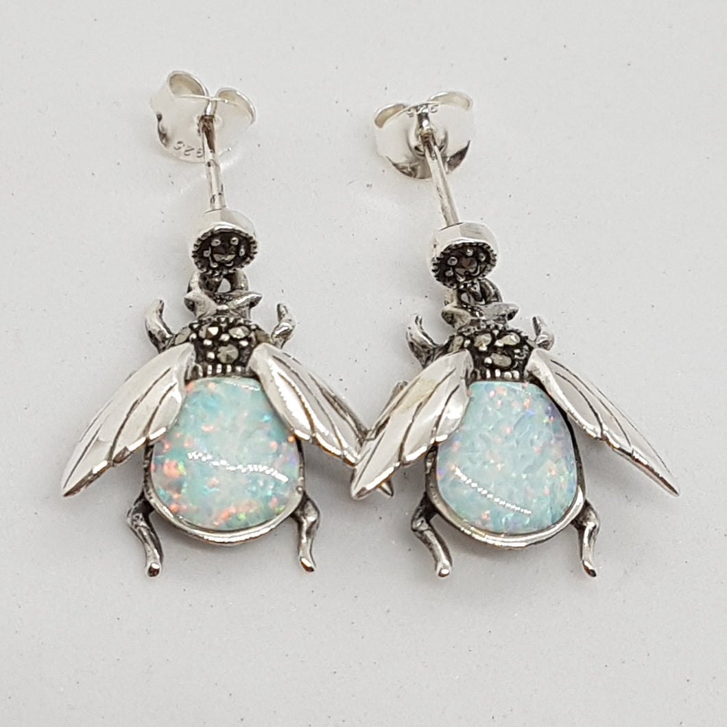Sterling Silver Opal Marcasite Bee Earrings