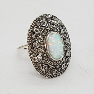 Sterling Silver Opal and Marcasite Dress Ring