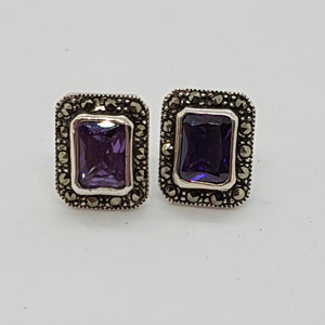 Sterling Silver Purple Crystal and Marcasite Earrings