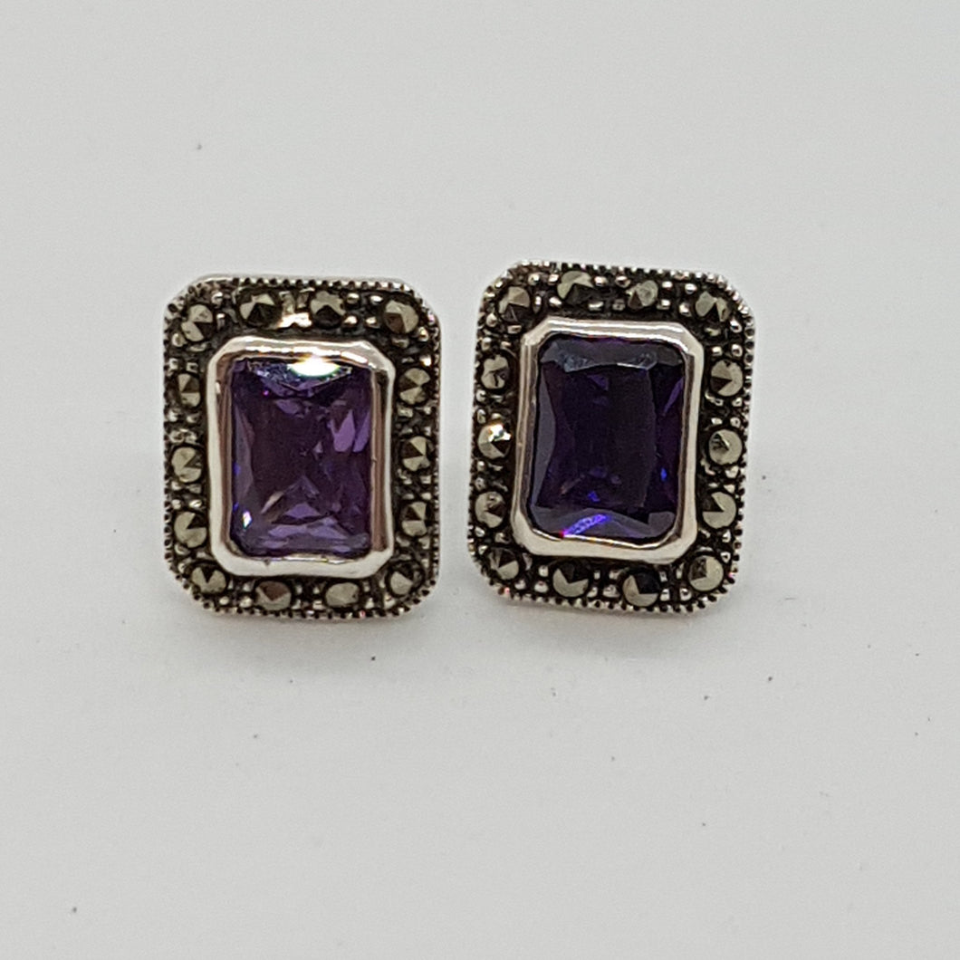 Sterling Silver Purple Crystal and Marcasite Earrings