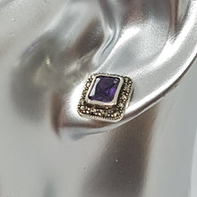 Load image into Gallery viewer, Sterling Silver Purple Crystal and Marcasite Earrings
