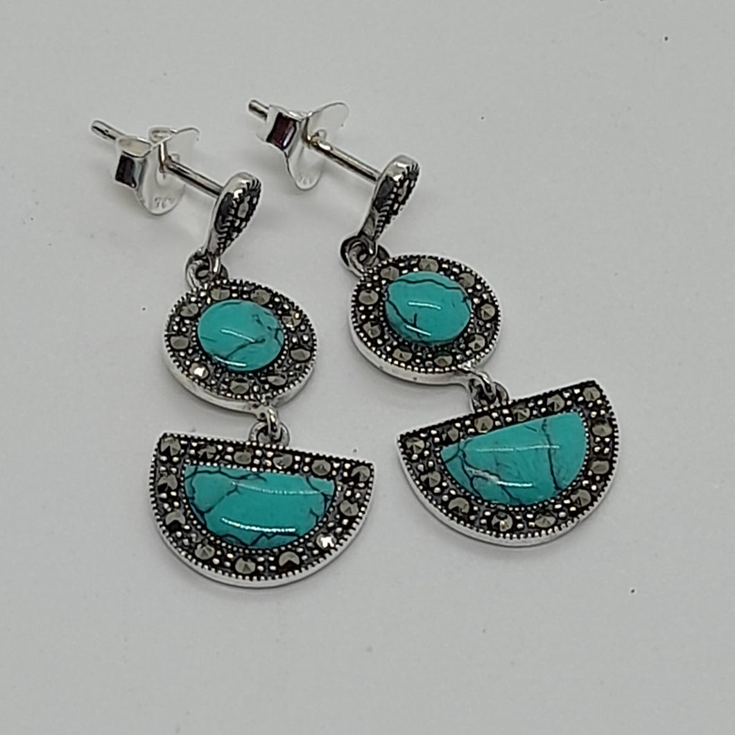 Sterling Silver Marcasite Turquoise  Drop Earrings
